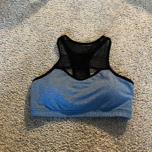 Lorna Jane Sports Bra Heather Blue with Black High Neck Mesh Keyhole